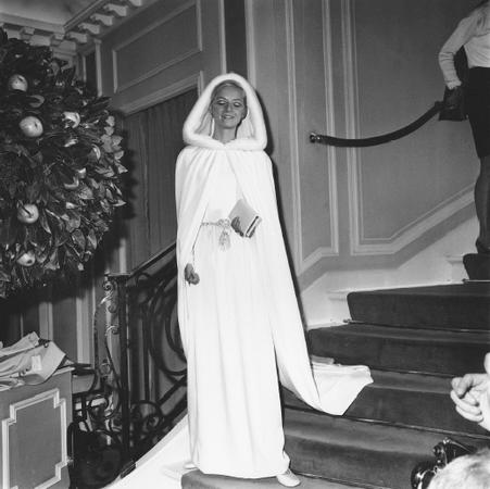Christian Dior, 1968 collection: wedding gown and long cape with a fur lined hood. © AP/Wide World Photos.